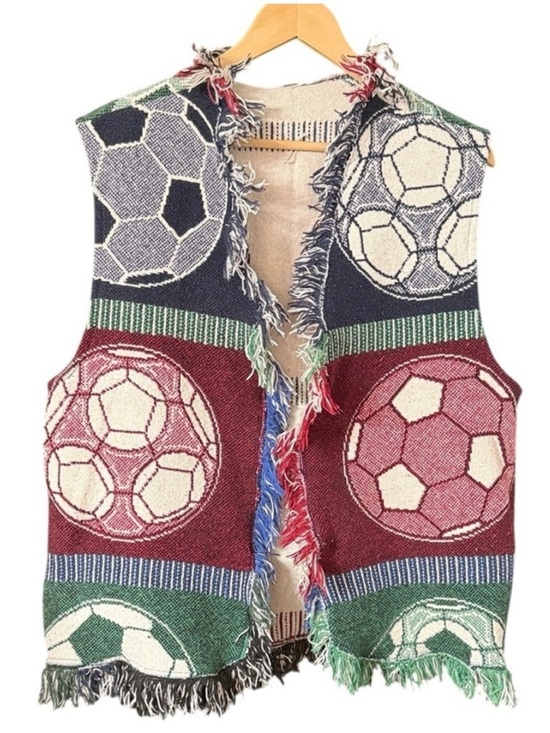None Jackets & Blazers - Fringed Soccer Ball Vest Upcycled Blanket Throw